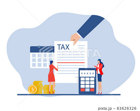 Hand gives notice pay tax financial,paperwork, financial research report and calculation of tax return. Payment of debt. Government, state taxes vector 83626326