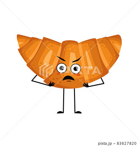 Cute croissant character with angry emotions, grumpy face, furious eyes, arms and legs. Annoyed baking person, bun with disgruntled expression. Vector flat illustration Cute croissant character with angry emotions, grumpy face, furious eyes, arms and legs. Annoyed baking person, bun with disgruntled expression. Vector flat illustration 83627820