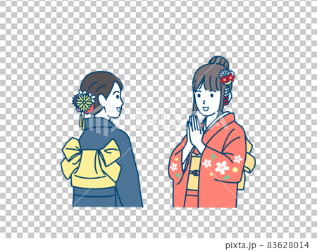 Young woman wearing a kimono going to the first shrine, furisode worship, worship illustration material 83628014