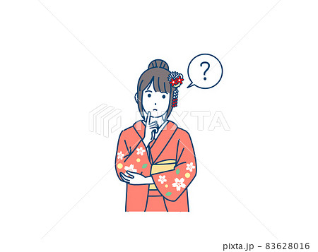 着物を着た若い女性 振袖 疑問 考える ? 上半身 イラスト素材 着物を着た若い女性 振袖 疑問 考える ? 上半身 イラスト素材 83628016