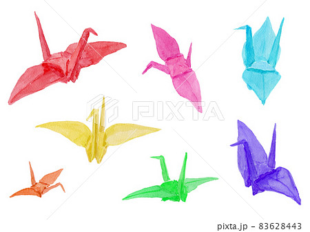 いろいろな色の折り鶴の水彩イラストのイラスト素材