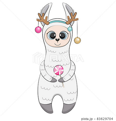 Christmas lama with candy and deer horns.  83629704