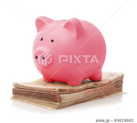 Pink piggy bank on stacked banknotes Pink piggy bank on stacked banknotes 83629902