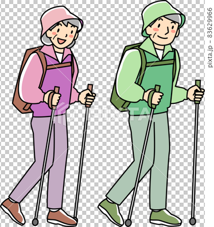 Senior couple walking with a pole Senior couple walking with a pole 83629966