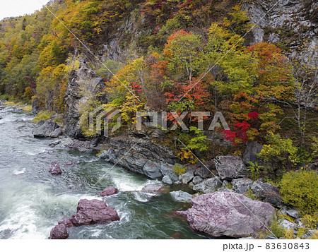 空撮 赤岩青巌峡の紅葉（北海道 占冠） 83630843
