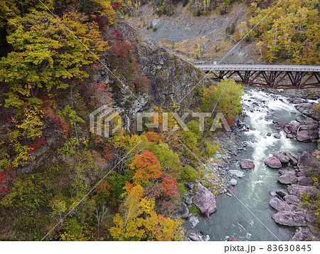 空撮 赤岩青巌峡の紅葉（北海道 占冠） 83630845