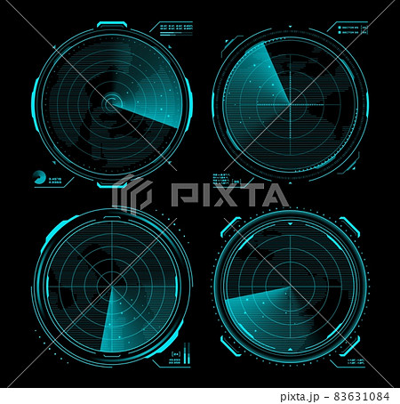HUD military traffic control, radar or sonar display screen interface. Navigation digital vector monitors with blue neon radar grid, map, target and blip objects, submarine, airplane navigation system 83631084