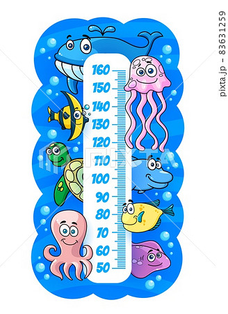 Kids height chart with underwater cartoon sea animals, vector growth measure. Kids height meter or baby tall scale with fishes in ocean water, jellyfish, octopus and smiling turtle with flounder Kids height chart with underwater cartoon sea animals, vector growth measure. Kids height meter or baby tall scale with fishes in ocean water, jellyfish, octopus and smiling turtle with flounder 83631259