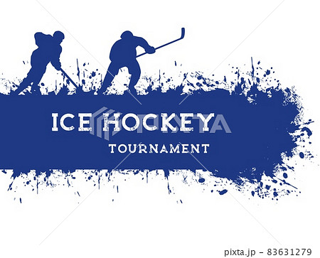 Ice hockey sport vector grunge poster with players, tournament or championship. Ice hockey club emblem with blue silhouette of layers, goalkeeper and forwarder with puck and hockey stick 83631279
