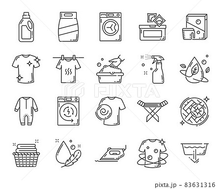 Washing and dry cleaning line icons, vector laundry detergents and symbols. Clothes cleaning and laundromat icons of washing machine, fabric softener and laundry capsules for towels hand wash 83631316