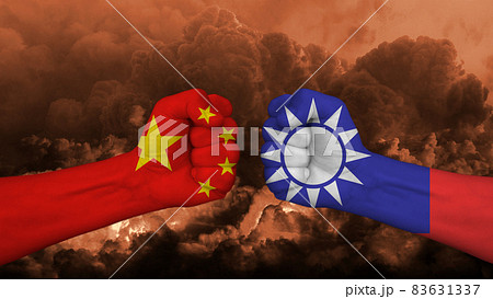 China vs versus Taiwan. World political cold war concept. China opens hostilities with Taiwan 83631337