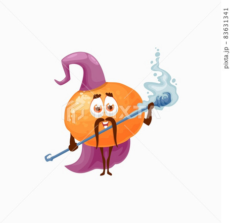 Mandarin, tangerine or orange magician witch, wizard cartoon character with stick, in fairy cap and cape isolated. Vector exotic citrus with magic wand, funny clementine magic kids vitamin food 83631341