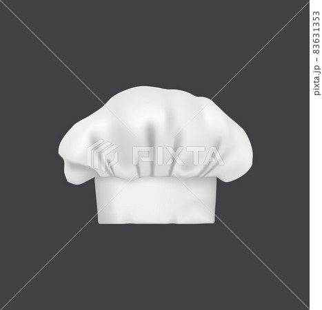 Realistic chef hat, cook cap and baker toque. 3d white chef hat. Vector restaurant stuff headwear, kitchen headdress, costume for culinary, isolated head wear with folded crown vintage clothes 83631353