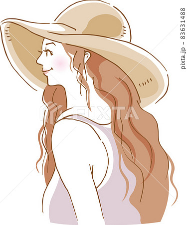 麦わら帽子をかぶっている女性のイメージイラスト 横顔 のイラスト素材 6314
