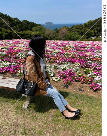 福岡県 能古島 リビングストンデージーと後ろ姿の女性 福岡県 能古島 リビングストンデージーと後ろ姿の女性 83632431
