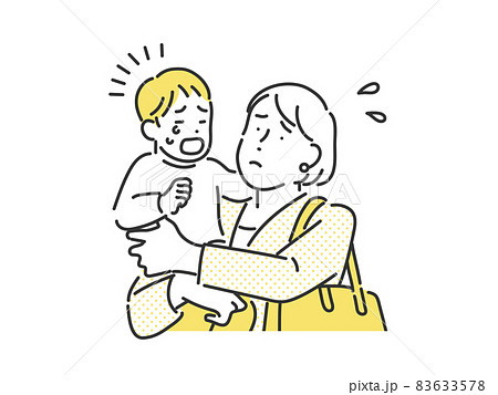 子どもの世話に手を焼いて困っているお母さん・会社員の女性の困惑したイメージイラスト素材 83633578