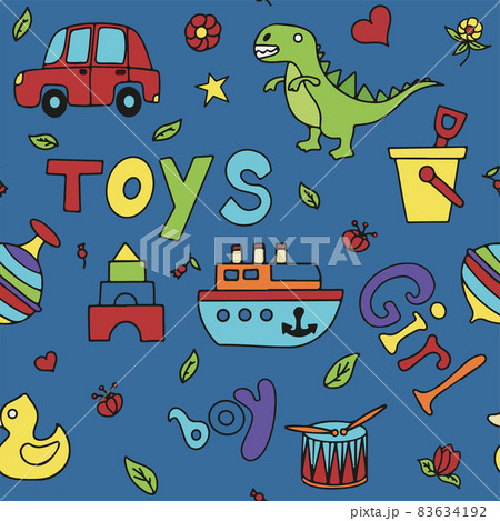 Vector doodle seamless pattern with toys. Hand draw collection of toys icons for baby shower or scrapbook. Cute illustration for children Vector doodle seamless pattern with toys. Hand draw collection of toys icons for baby shower or scrapbook. Cute illustration for children 83634192