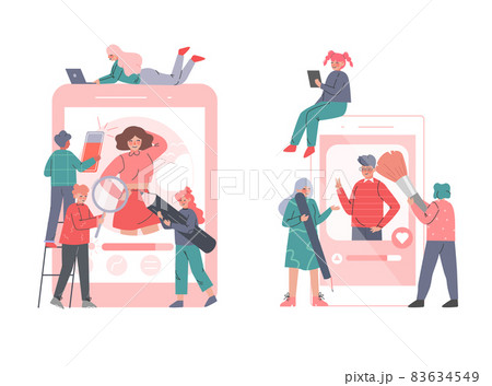 Smartphone Setting with Young Man and Woman Engaged in Photo Retouch Adjustments Vector Set Smartphone Setting with Young Man and Woman Engaged in Photo Retouch Adjustments Vector Set 83634549