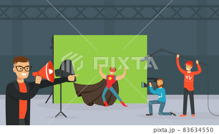 Man in Superhero Costume Against Green Backdrop at Studio with Cameraman Filming at Show Programme on Television Vector Illustration 83634550