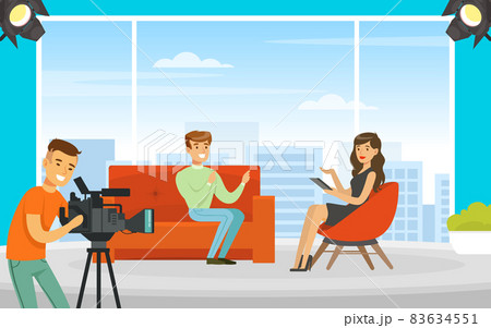 Woman TV Reporter Speaking with Man Guest at Show Programme on Television Vector Illustration Woman TV Reporter Speaking with Man Guest at Show Programme on Television Vector Illustration 83634551