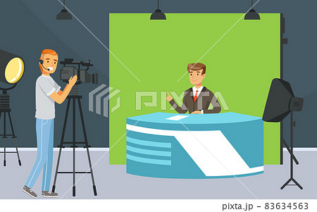 Man TV Reporter at Desk in Studio Announcing the News Vector Illustration 83634563