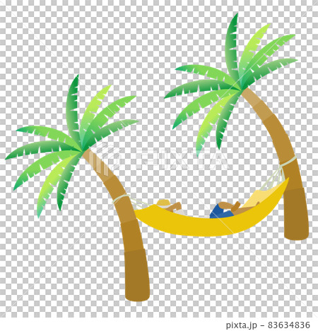 夏の風景のイラスト。ヤシの木とハンモックと人物。 夏の風景のイラスト。ヤシの木とハンモックと人物。 83634836