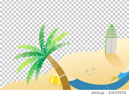沙灘、棕櫚樹和吊床。衝浪板和涼鞋的插圖。 沙灘、棕櫚樹和吊床。衝浪板和涼鞋的插圖。 83634838