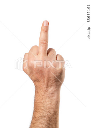 Showing middle finger isolated on white background. Negative, impolte and agression gesture. Showing middle finger isolated on white background. Negative, impolte and agression gesture. 83635161