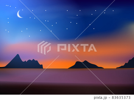 graphics drawing landscape beach sea view with moon sky and star  and twilight after sunset vector illustration 83635373