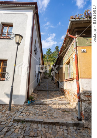 Narrow street in jewish quarter. Trebic, Czech Republic Narrow street in jewish quarter. Trebic, Czech Republic 83636917