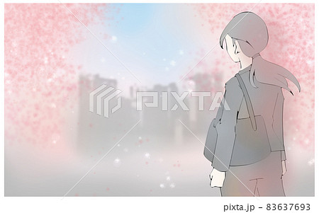 満開の桜の奥にあるビル街を見つめる女性イラストのイラスト素材