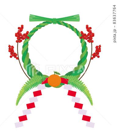 年賀状素材 手描きタッチ 緑のしめ縄飾りのイラスト 南天と裏白 正月イメージのイラスト素材