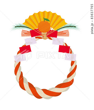 年賀状素材 手描きタッチ 紅白のしめ縄飾りのイラスト 松と扇子 正月イメージのイラスト素材