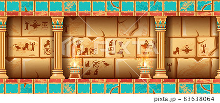 Egypt temple seamless game background, vector ancient stone wall, pharaoh pyramid tomb room fire 83638064
