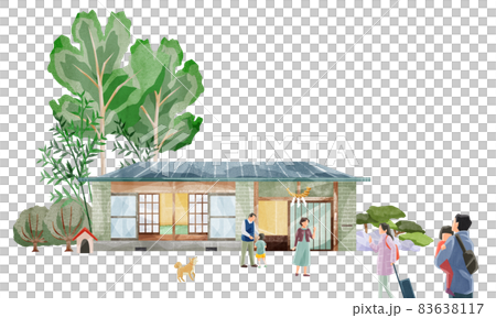 お正月に実家に帰省する家族の手描き水彩風イラスト 83638117