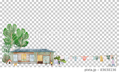 平家の庭で洗濯物を干す手描き水彩風イラスト 83638136