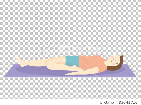 A woman on a diet sleeping on the floor and stretching her front thighs A woman on a diet sleeping on the floor and stretching her front thighs 83641716