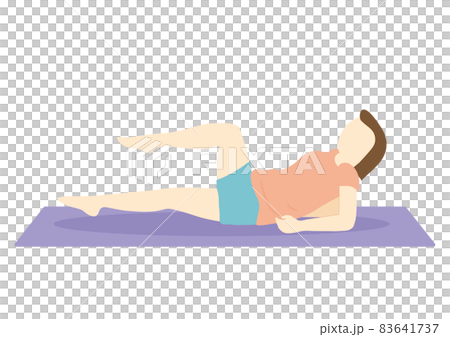 A woman on a diet exercising to tighten her lower abdomen on the floor with a mat and no facial expression A woman on a diet exercising to tighten her lower abdomen on the floor with a mat and no facial expression 83641737