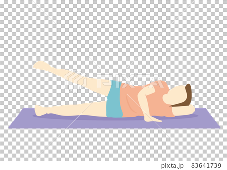 A woman on a diet doing leg abduction with a mat and no facial expression A woman on a diet doing leg abduction with a mat and no facial expression 83641739