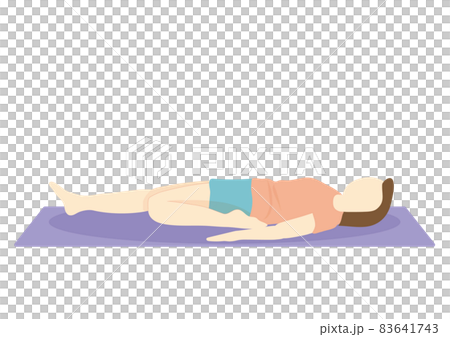 A woman on a diet who sleeps on the floor and stretches her front thighs with a mat and no facial expressions A woman on a diet who sleeps on the floor and stretches her front thighs with a mat and no facial expressions 83641743