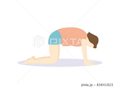 床に四つん這いになって背中を丸めてストレッチをするダイエット中の女性 マット無し 表情無しのイラスト素材
