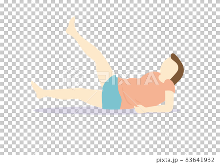 A woman on a diet doing Alternate Leg Raise, no mat, no facial expression A woman on a diet doing Alternate Leg Raise, no mat, no facial expression 83641932