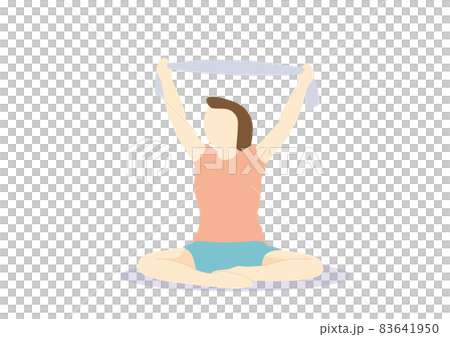 A woman on a diet who sits on the floor and stretches with a towel, no mat, no facial expression A woman on a diet who sits on the floor and stretches with a towel, no mat, no facial expression 83641950