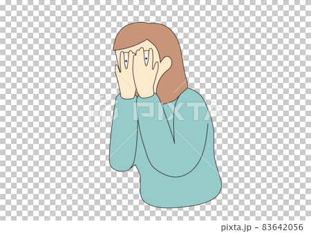 A line drawing of a woman who covers her eyes with her hands but looks through the gap 83642056