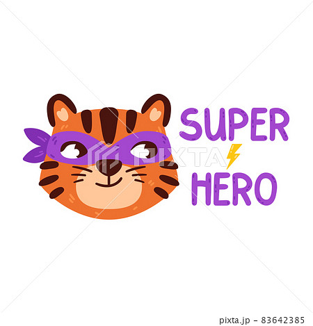 Tiger with super hero mask. Chinese zodiac animal. Symbol of the new year 2022, 2034. Vector illustration isolated on white background. Portrait of ginger cat. Print for kid apparel. 83642385