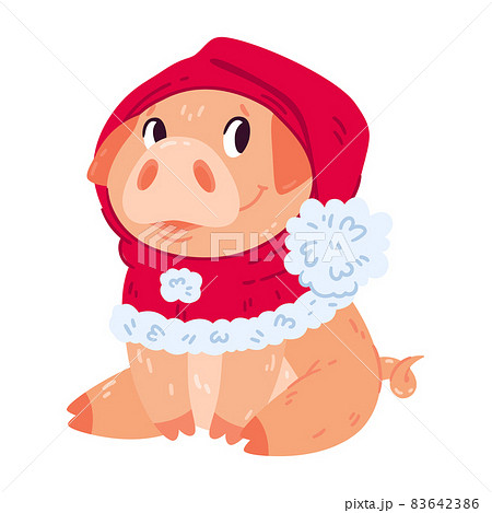 Cute pig in Christmas hat. New year piggy in red hood. Smiling farm animal. Colorful vector illustration isolated on white background. 83642386