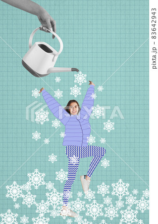 Contemporary art collage. Young happy girl having fun, jumping under white drawn snowflakes 83642943