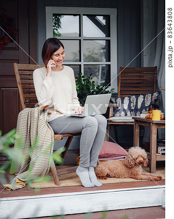 female studying at home with laptop. female studying at home with laptop. 83643808