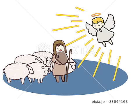 天使を見て驚く 羊たちを連れた羊飼いのイラスト素材