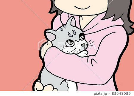 女性に抱っこされているグレーのネコのイラストのイラスト素材